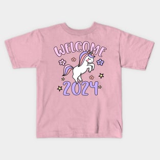 Welcome 2024, Happy New Year 2024, Cute Unicorn Design Kids T-Shirt